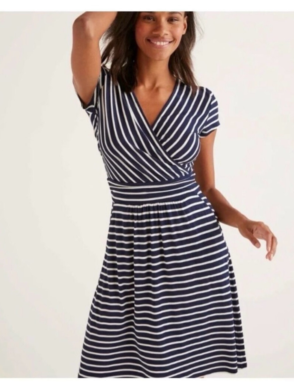 Boden Lola Faux Wrap Striped Navy and White Wrap Dress